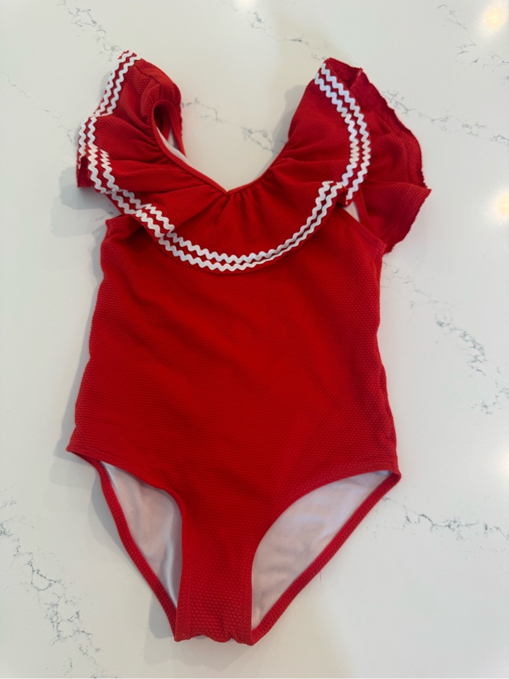 Janie and Jack Girls Red Textured Ric Rac Ruffle One Piece Swimsuit Size 7
